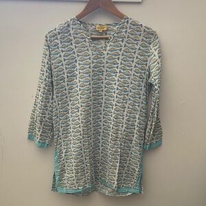 Roberta Freymann Light Blue/yellow Fish-Print Women’s  Top